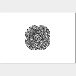 Flowery Mandala - Intricate Black and White Digital Illustration - Vibrant and Eye-catching Design for printing on t-shirts, wall art, pillows, phone cases, mugs, tote bags, notebooks and more Posters and Art